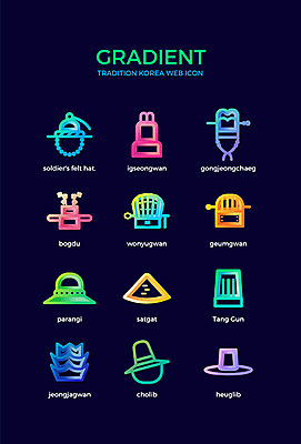 아이콘 전통 한국 사람없음 컬러풀 삿갓 관모 금관 익선관 전립 전통모자 정자관 패랭이 흑립 그라디언트 2D아이콘 AI파일 모자_잡화 꽃 아시아 컬러 전통소품 갓_모자 파일형식 벡터