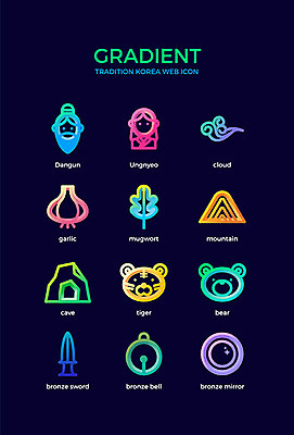구름 아이콘 한국전통 전통 곰 산 마늘 사람없음 컬러풀 호랑이 동굴 동검 단군 단군신화 쑥 청동거울 그라디언트 2D아이콘 AI파일 자연요소 동물 컬러 채소 포유류 유물 한국 검 신화 파일형식 벡터
