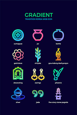 아이콘 한국전통 전통 유물 사람없음 컬러풀 귀걸이 항아리 5층석탑 금장식 봉황 수막새 그라디언트 백제금동대향로 2D아이콘 AI파일 컬러 장신구 한국 장식 도자기 석탑 파일형식 벡터
