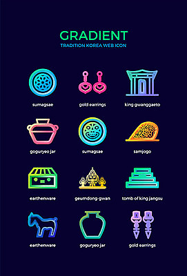 아이콘 한국전통 전통 유물 사람없음 컬러풀 귀걸이 무덤 항아리 토기 고구려 광개토대왕 금귀걸이 수막새 장수왕 그라디언트 2D아이콘 AI파일 컬러 장신구 한국 도자기 용기_그릇 한국사 왕 위인 파일형식 벡터