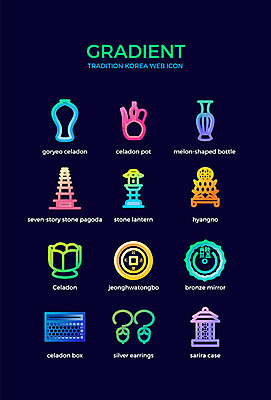 아이콘 한국전통 전통 유물 사람없음 컬러풀 귀걸이 도자기 석탑 고려 7층석탑 고려청자 사리함 청동거울 청자 그라디언트 향로_분향 2D아이콘 AI파일 컬러 장신구 한국 탑 역사 파일형식 벡터