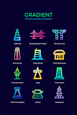 아이콘 전통 한국 초가집 사람없음 컬러풀 궁전 기념비 첨성대 63빌딩 남산타워 다보탑 랜드마크 석가탑 엑스포 올림픽공원 그라디언트 2D아이콘 AI파일 공원 아시아 컬러 고건축 한옥 서울 빌딩 경주_경상북도 석탑 국보 남산 불국사 파일형식 벡터