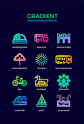 아이콘 전통 요트 불꽃 한국 사람없음 컬러풀 자전거 벚꽃 유람선 한강 대관람차 관광버스 오리배 한강대교 세빛섬 푸드트럭 그라디언트 2D아이콘 AI파일 꽃 아시아 컬러 섬 배_교통 불 버스 서울 바이크 트럭 다리_건축물 놀이기구 랜드마크 파일형식 벡터