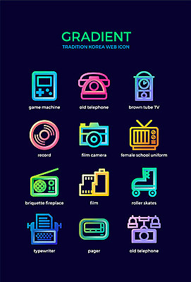아이콘 전통 한국 사람없음 컬러풀 카메라 텔레비전 추억 게임기 전화기 라디오 복고 사진필름 타자기 괘종시계 롤러스케이트화 무선호출기 그라디언트 2D아이콘 AI파일 아시아 시계 컬러 컨셉 전자제품 골동품 롤러블레이드 필름 파일형식 벡터