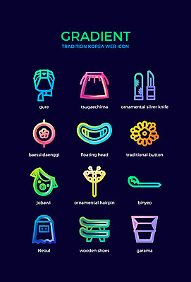 아이콘 전통 사람없음 장식 컬러풀 머리핀 전통의상 한복 비녀 나막신 배씨댕기 가르마 굴레 쓰개치마 은장도 그라디언트 2D아이콘 AI파일 한국전통 헤어스타일 컬러 신발 장신구 전통소품 칼 파일형식 벡터 헤어액세사리
