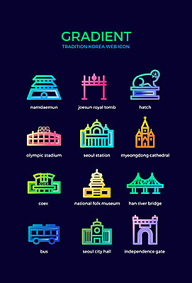 아이콘 전통 버스 한국 사람없음 컬러풀 국립민속박물관 남대문시장 독립문 랜드마크 명동성당 서울역 올림픽공원 한강대교 해태 그라디언트 2D아이콘 AI파일 공원 아시아 육상교통 컬러 대중교통 서울 성당 다리_건축물 시장 박물관 전철역 명동 파일형식 벡터