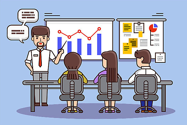 전신 여자 남자 일러스트 회사 회의 그래프 설명 서기 사람 앉기 여러명 성인 보라색 업무 직장인 발표 프레젠테이션 회의실 일과 성인만 국내일러스트 AI파일 직업 컬러 다수 비즈니스 모션 작업 파일형식 벡터