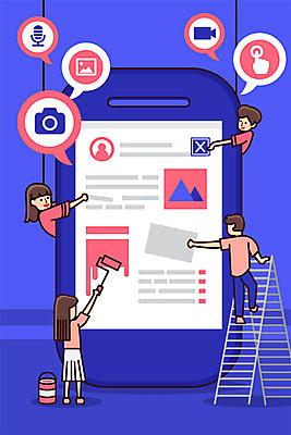 전신 여자 남자 일러스트 사다리 사람 여러명 상반신 성인 스마트폰 보라색 직장인 방송 일과 영상 소셜네트워크 콘텐츠 성인만 국내일러스트 AI파일 직업 컬러 다수 핸드폰 스마트기기 도구 파일형식 벡터