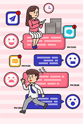 전신 여자 남자 분홍색 일러스트 사람 성인 두명 스마트폰 달리기 직장인 찡그림 어플리케이션 지각 약속 바쁨 일과 이모티콘 메신저 소셜네트워크 성인만 국내일러스트 AI파일 직업 컬러 모션 표정 핸드폰 스마트기기 파일형식 벡터