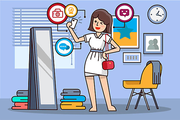 전신 여자 의자 일러스트 주택 한명 사람 성인 스마트폰 보라색 거울 직장인 셀프카메라 일과 소셜네트워크 성인여자한명만 국내일러스트 AI파일 직업 1 컬러 가구 건물 핸드폰 스마트기기 사진촬영 여자한명만 성인여자만 파일형식 벡터