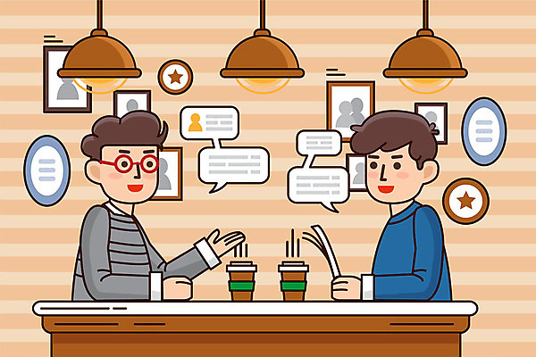 남자 커피 일러스트 대화 사람 상반신 성인 두명 갈색 카페 모임 업무 직장인 일과 카페인 성인남자만 국내일러스트 AI파일 직업 음료 컬러 말하기 상점 작업 남자만 성인만 파일형식 벡터