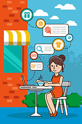 전신 여자 커피 하늘색 일러스트 한명 사람 성인 노트북 쇼핑 카페 작업 직장인 일과 카페테라스 성인여자한명만 국내일러스트 AI파일 직업 1 음료 파란색 전자제품 상점 여자한명만 성인여자만 파일형식 벡터