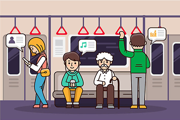 전신 여자 노년 남자 음악 일러스트 서기 사람 앉기 성인 스마트폰 회색 직장인 전철 일과 메신저 지하철표 성인만 국내일러스트 AI파일 직업 육상교통 컬러 모션 문화예술 대중교통 핸드폰 스마트기기 티켓 파일형식 벡터