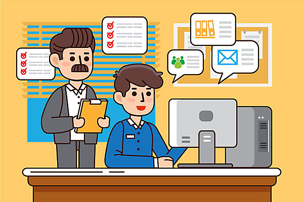 남자 중년 일러스트 회사 설명 사람 상반신 성인 두명 컴퓨터 노란색 업무 작업 직장인 일과 소통 업무평가 성인남자만 국내일러스트 AI파일 직업 컬러 컨셉 비즈니스 모션 전자제품 평가 남자만 성인만 파일형식 벡터