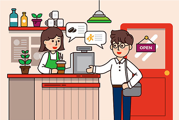 여자 남자 커피 일러스트 피곤 대화 사람 상반신 성인 두명 카페 직장인 테이크아웃 일과 주문 카페인 성인만 국내일러스트 AI파일 직업 음료 컨셉 말하기 상점 파일형식 벡터