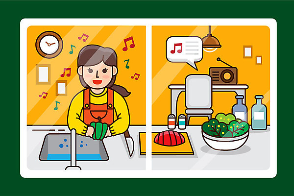 여자 일러스트 식재료 노래 요리 한명 사람 상반신 성인 초록색 주방 직장인 라디오 일과 자취 집밥 성인여자한명만 혼족 국내일러스트 AI파일 직업 1 음악 음식 컬러 전자제품 싱글라이프 여자한명만 성인여자만 파일형식 벡터