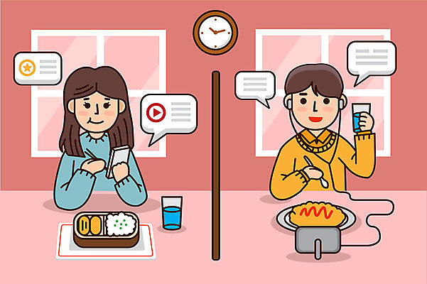 여자 남자 분홍색 이어폰 일러스트 사람 상반신 성인 두명 스마트폰 식당 식사 직장인 일과 성인만 혼족 국내일러스트 AI파일 직업 컬러 음향기기 핸드폰 스마트기기 상점 싱글라이프 파일형식 벡터