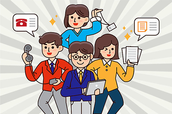 여자 남자 일러스트 회사 사람 여러명 상반신 성인 노트북 회색 구직 업무 직장인 전화기 문서 일과 사원증 업무성과 성인만 국내일러스트 AI파일 직업 컬러 다수 컨셉 비즈니스 전자제품 작업 결과 파일형식 벡터