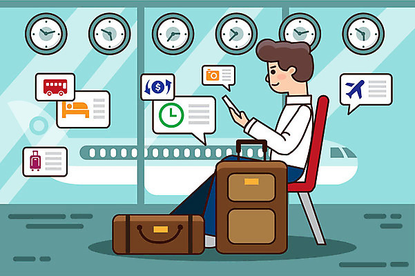 전신 남자 시계 여행 하늘색 일러스트 한명 사람 앉기 성인 캐리어 시간 직장인 공항 해외출장 출국 성인남자한명만 국내일러스트 AI파일 직업 1 교통시설 모션 파란색 여행가방 출장 남자한명만 성인남자만 파일형식 벡터