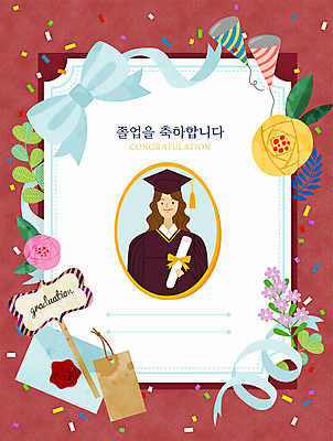 여자 꽃 리본 일러스트 학사모 졸업 나뭇잎 봉투 프레임 폭죽 한명 사람 상반신 성인 졸업장 색종이 졸업사진 북마크 국내일러스트 AI파일 식물 모자_잡화 1 교육 종이 잎 파일형식 벡터