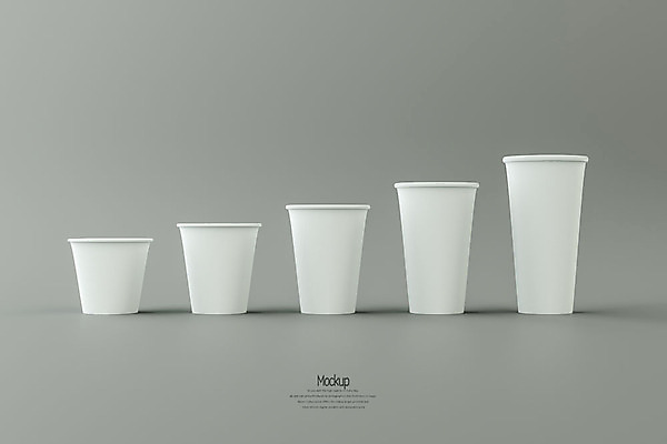 PSD 편집이미지 회색배경 종류 사람없음 3D소스 3D 여러개 크기 종이컵 디지털합성 일렬 사이즈 목업 편집3D 다수 백그라운드 컵 회색 일회용 파일형식