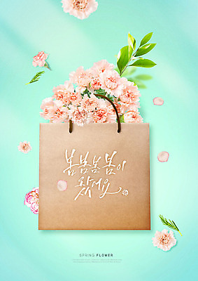 PSD 편집이미지 꽃잎 꽃 분홍색 잎 나뭇잎 사람없음 쇼핑백 봄 카네이션 향기 낙화 민트색 카피스페이스 이미지편집 식물 계절 컬러 가방 공백 냄새 파일형식