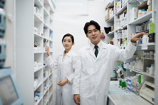 포토 JPG 직업 응시 여자 남자 실내 미소 사람 상반신 20대 성인 두명 앞모습 옆모습 약 한국인 의사가운 약병 약국 조제 약사 조제실 찾기 성인만 국내포토 시선 뷰포인트 의학 모션 표정 동양인 청년 내부 의사 가운 만들기 병_담는 파일형식