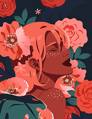 여자 꽃 컬러 꽃밭 일러스트 한명 사람 상반신 성인 뷰티 눈감음 성인여자한명만 리빙코랄 국내일러스트 AI파일 식물 1 모션 여자한명만 성인여자만 파일형식 벡터 트랜드컬러 코랄