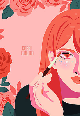 여자 꽃 컬러 일러스트 한명 미소 사람 상반신 성인 화장 뷰티 아이섀도 아이라인 성인여자한명만 리빙코랄 국내일러스트 AI파일 식물 1 표정 화장품 여자한명만 성인여자만 파일형식 벡터 트랜드컬러 코랄