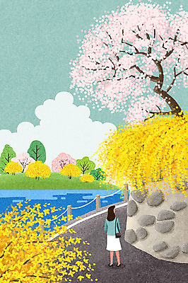 전신 PSD 여자 호수 백그라운드 일러스트 자연 돌담 한명 사람 성인 담장 강 걷기 봄풍경 봄 산책 벚나무 개나리 감성 성인여자한명만 봄배경 국내일러스트 나무 1 계절 꽃 컨셉 모션 휴식 풍경 벚꽃 돌_바위 생태계 여자한명만 성인여자만 파일형식
