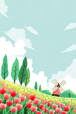 PSD 나무 백그라운드 꽃밭 일러스트 자연 풍경 사람없음 봄풍경 봄 풍차 튤립 감성 봄배경 국내일러스트 식물 계절 꽃 컨셉 생태계 파일형식