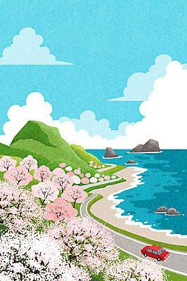 PSD 구름 도로 바다 여행 백그라운드 일러스트 자동차 자연 하늘 산 사람없음 봄풍경 봄 벚꽃 바위 벚나무 해안도로 감성 봄배경 국내일러스트 자연요소 나무 계절 꽃 길 육상교통 컨셉 교통시설 풍경 돌_바위 생태계 파일형식