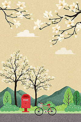PSD 나무 백그라운드 일러스트 자연 산 사람없음 자전거 봄풍경 봄 우체통 감성 목련 봄배경 국내일러스트 식물 계절 꽃 컨셉 풍경 바이크 생태계 파일형식