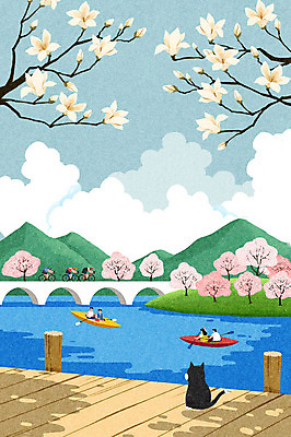 PSD 한마리 여자 남자 백그라운드 일러스트 자연 사람 여러명 상반신 성인 레포츠 강 고양이 봄풍경 봄 벚꽃 카누 감성 목련 반려 성인만 봄배경 국내일러스트 1 계절 꽃 다수 컨셉 포유류 레저 풍경 반려동물 수상스포츠 생태계 파일형식