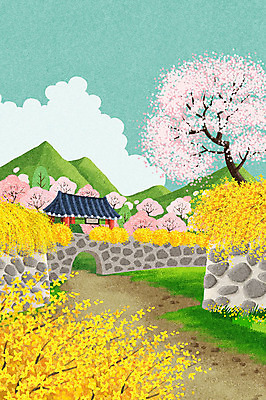 PSD 백그라운드 일러스트 자연 산 돌담 기와집 풍경 사람없음 봄풍경 봄 놀이공원 벚꽃 벚나무 개나리 감성 산성 봄배경 국내일러스트 나무 건축물 계절 꽃 컨셉 한옥 담장 테마파크 돌_바위 생태계 파일형식