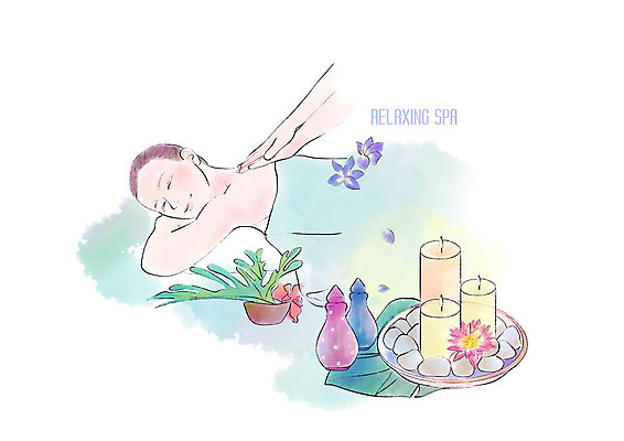 PSD 여자 꽃 여유 엎드리기 잎 일러스트 초 캘리그라피 붓터치 휴식 한명 사람 성인 신체부위 눈감음 양손 마사지 힐링 번짐 등마사지 국내일러스트 식물 1 손 감정 컨셉 모션 파일형식 효과