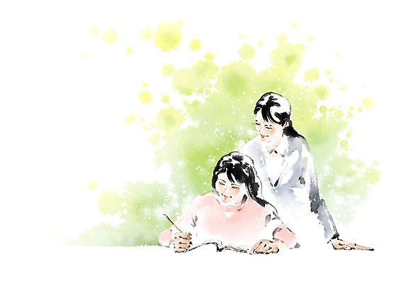 PSD 여학생 여자 딸 일러스트 캘리그라피 청소년 모녀 엄마 붓터치 수채화 사람 상반신 성인 두명 10대 책 공책 기록 번짐 격려 열공 국내일러스트 학생 감정 가족 모션 문구용품 학습 파일형식 효과