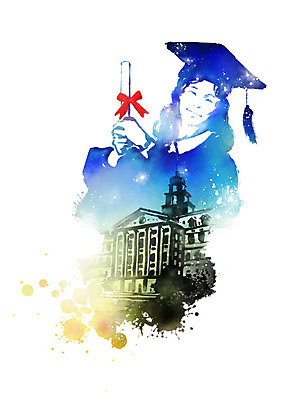 PSD 여자 대학생 일러스트 학사모 캘리그라피 졸업 학교 붓터치 수채화 한명 미소 사람 상반신 성인 졸업가운 졸업장 번짐 국내일러스트 모자_잡화 1 학생 교육 표정 가운 파일형식 효과