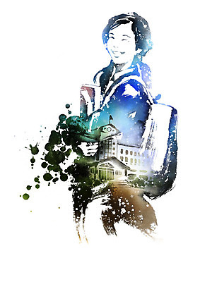 PSD 학생 여학생 여자 교복 일러스트 캘리그라피 졸업 학교 청소년 붓터치 수채화 책가방 한명 웃음 들기 사람 상반신 책 번짐 국내일러스트 1 옷 교육 가방 모션 표정 파일형식 효과