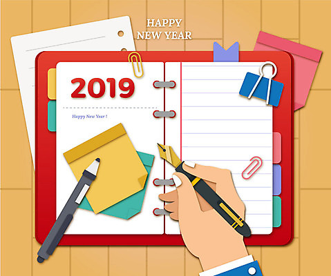 손 행복 겨울 일러스트 새해 신체부위 설날 펜 볼펜 만년필 다이어리 기록 페이퍼아트 계획 포스트잇 클립 2019년 기해년 국내일러스트 AI파일 계절 명절 감정 컨셉 사람 필기구 사무용품 메모지 연도 파일형식 벡터