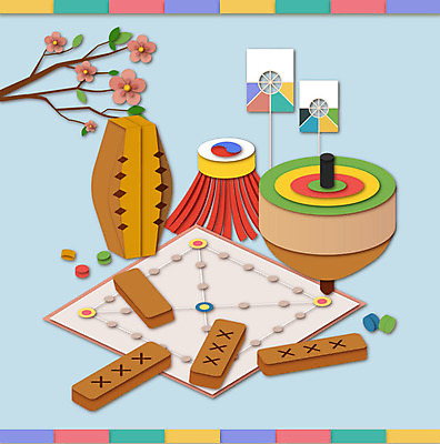 한국전통 행복 겨울 일러스트 놀이 새해 전통소품 사람없음 설날 전통놀이 페이퍼아트 윷놀이 연 해피뉴이어 팽이 제기차기 공기놀이 꽃가지 윷판 국내일러스트 AI파일 전통 계절 명절 꽃 감정 한국 놀이용품 새해인사 나뭇가지 오브젝트 파일형식 벡터