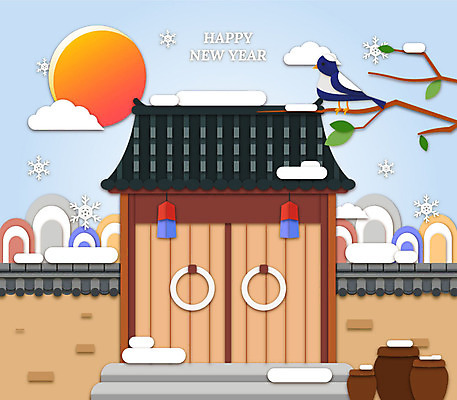 나무 전통 행복 겨울 일러스트 새해 앉기 사람없음 설날 태양 나뭇가지 눈 항아리 페이퍼아트 청사초롱 까치 해피뉴이어 기와지붕 기와담장 국내일러스트 AI파일 자연요소 식물 계절 명절 감정 모션 조류 지붕 날씨 기와 담장 새해인사 도자기 초롱 파일형식 벡터