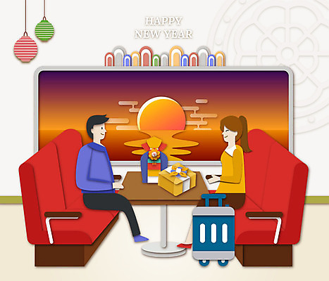 전신 커플 여자 남자 행복 바다 백그라운드 겨울 일러스트 새해 선물 미소 사람 성인 두명 설날 태양 일출 캐리어 기차 페이퍼아트 보따리 해피뉴이어 마주앉기 전통등 귀성길 기차여행 새해선물 설선물 겨울배경 국내일러스트 AI파일 자연요소 전통 계절 명절 감정 육상교통 여행 관계 조명 대중교통 표정 앉기 노을 여행가방 새해인사 파일형식 벡터 명절선물