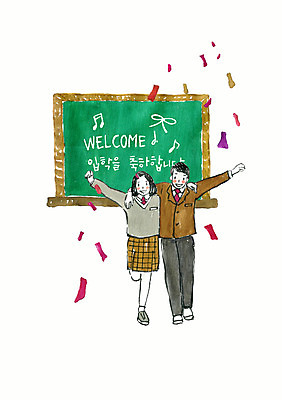전신 PSD 여자 남자 교복 일러스트 중학생 청소년 고등학생 어깨동무 수채화 두명 칠판 기쁨 축하 입학 환영 십대만 국내일러스트 학생 옷 교육 감정 포즈 컨셉 사람 파일형식
