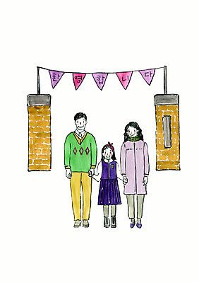 전신 PSD 여자 남자 딸 어린이 일러스트 가족 엄마 수채화 성인 세명 부모 손잡기 기쁨 축하 아빠 입학 환영 입학식 교문 국내일러스트 교육 감정 컨셉 학교 관계 모션 사람 파일형식