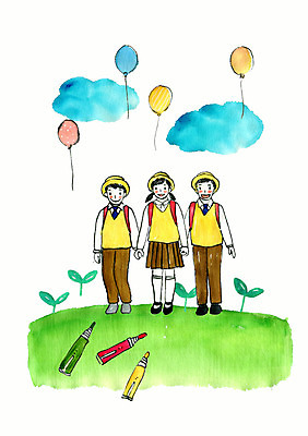 전신 PSD 구름 여자 남자 어린이 일러스트 색연필 수채화 서기 세명 새싹 손잡기 유치원 유치원생 기쁨 축하 입학 유치원복 풍선 환영 어린이만 국내일러스트 자연요소 식물 옷 교육 감정 컨셉 모션 학용품 사람 파일형식