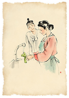 PSD 한국전통 부부 응시 여자 남자 일러스트 캘리그라피 남편 붓터치 수묵화 미소 사람 상반신 성인 두명 앞치마 아내 한복 개수대 성인만 국내일러스트 전통 커플 시선 한국 표정 미술 전통의상 파일형식