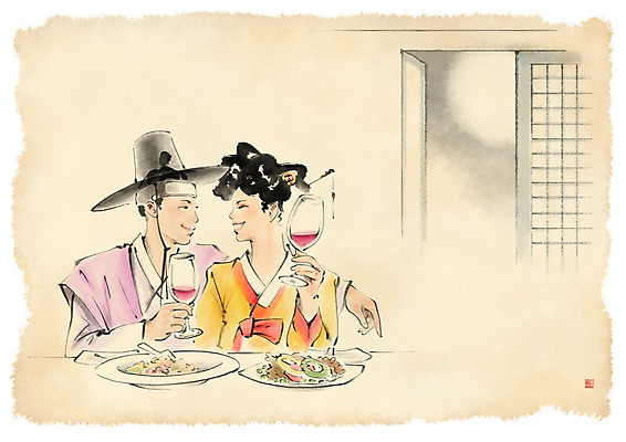 PSD 한국전통 부부 여자 남자 음식 와인잔 일러스트 캘리그라피 붓터치 수묵화 미소 사람 상반신 성인 두명 문 마주보기 와인 한복 성인만 국내일러스트 전통 커플 술잔 모션 주류 한국 표정 미술 전통의상 파일형식