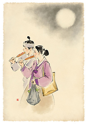 PSD 한국전통 부부 여자 남자 일러스트 캘리그라피 붓터치 수묵화 사람 상반신 성인 두명 장보기 달 한복 먹기 핫도그 성인만 국내일러스트 자연요소 전통 커플 음식 모션 한국 패스트푸드 미술 전통의상 파일형식