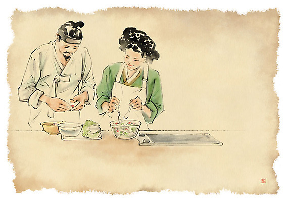 PSD 한국전통 그릇 부부 여자 남자 일러스트 캘리그라피 붓터치 수묵화 미소 사람 상반신 성인 두명 주방 앞치마 샐러드 한복 요리중 성인만 국내일러스트 전통 식기 커플 음식 모션 한국 표정 미술 전통의상 파일형식